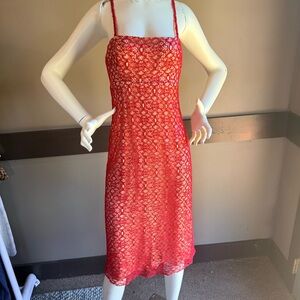 AGAIN Red Lace Midi Dress – Y2K 90s Sheer Overlay Slip Style